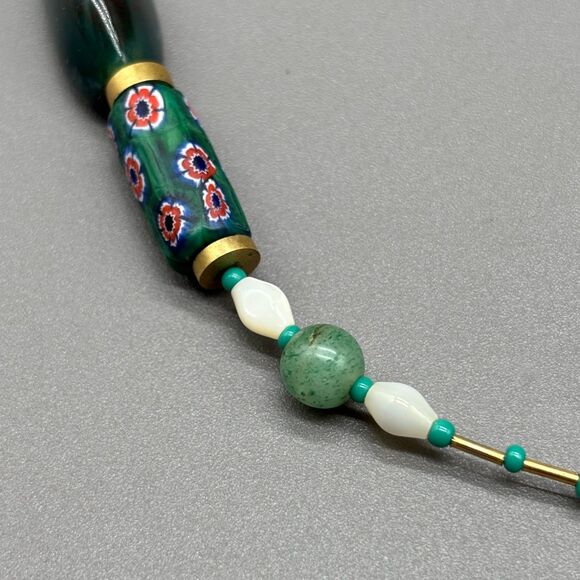 Vintage Millefiori Glass Aventurine Bloodstone Brass Bead Necklace 16" 70s Boho - Picture 7 of 8